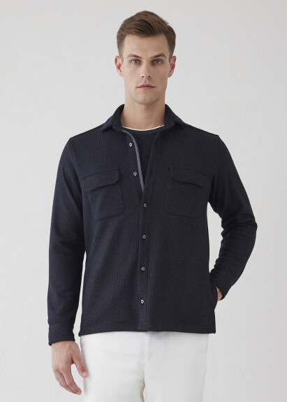 Anthracite Color Striped Wool Blend Shirt - 1