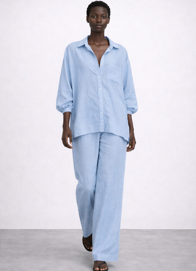 Açık Mavi Renk Modal Karışımlı Oversize Gömlek - 2