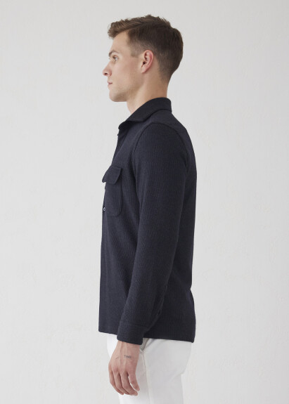 Antrasit Renk Çizgi Desenli Yün Karışımlı Gömlek - 6