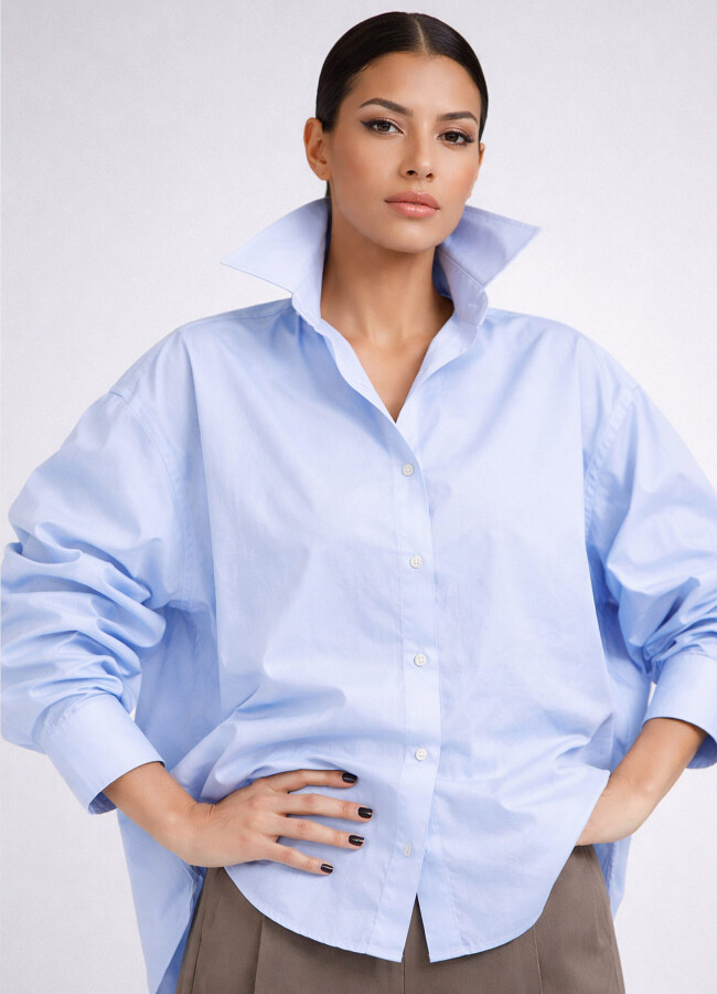 Bebek Mavi Renk Oversize Poplin Gömlek