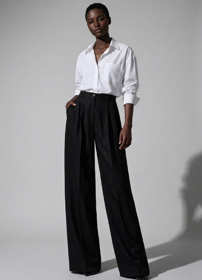 Siyah Renk Lyocell Karışımlı Pileli Palazzo Pantolon 