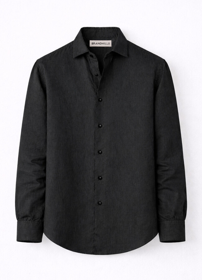 Siyah Renk Uzun Kol Keten Gömlek