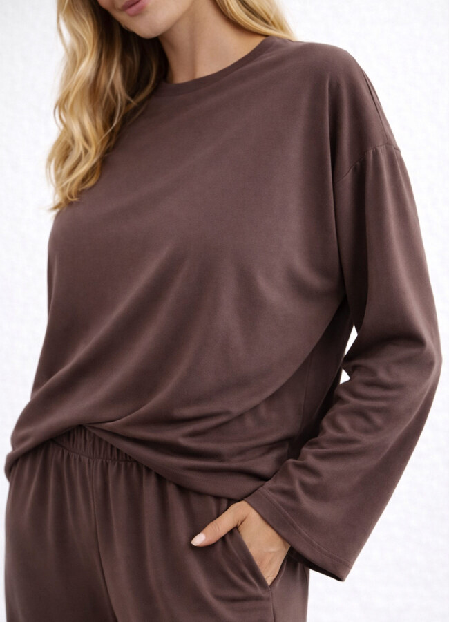 Kahve Renk Modal Karışımlı Bluz 