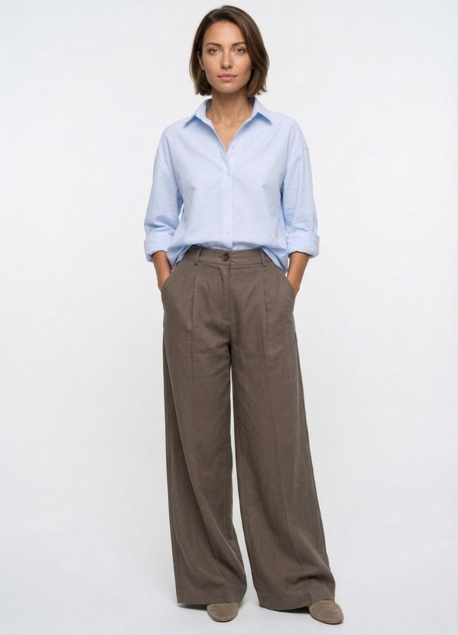 Kahve Renk Lyocell Karışımlı Pileli Palazzo Pantolon