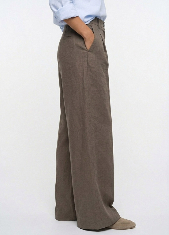 Kahve Renk Lyocell Karışımlı Pileli Palazzo Pantolon - 3