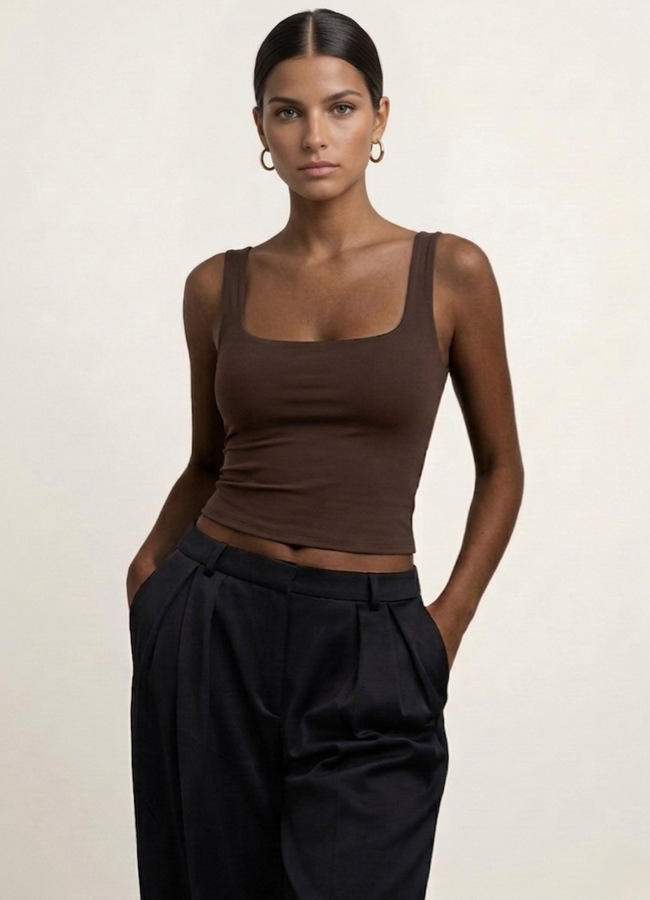 Kahve Renk Esnek Polyester Çift Katlı Atlet