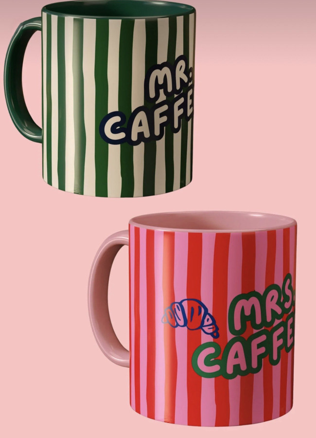 Çok Renkli Mrs. and Mr. Caffeine Temalı Porselen Tasarım Çiftler için 2'li Sevgili Kahve Kupası