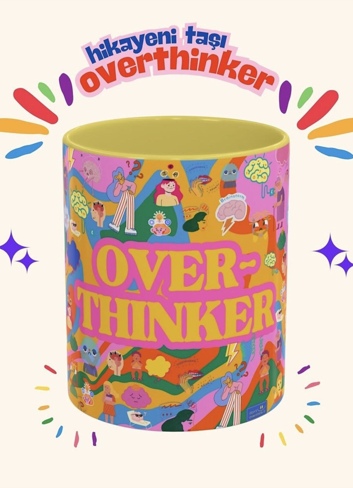 Çok Renkli "Overthinker" Temalı Özel Tasarım Porselen Kupa