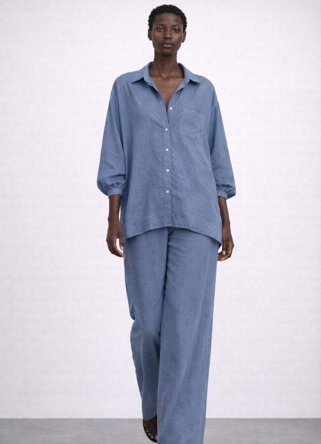 Gri / Mavi Renk Modal Karışımlı Oversize Gömlek - 1