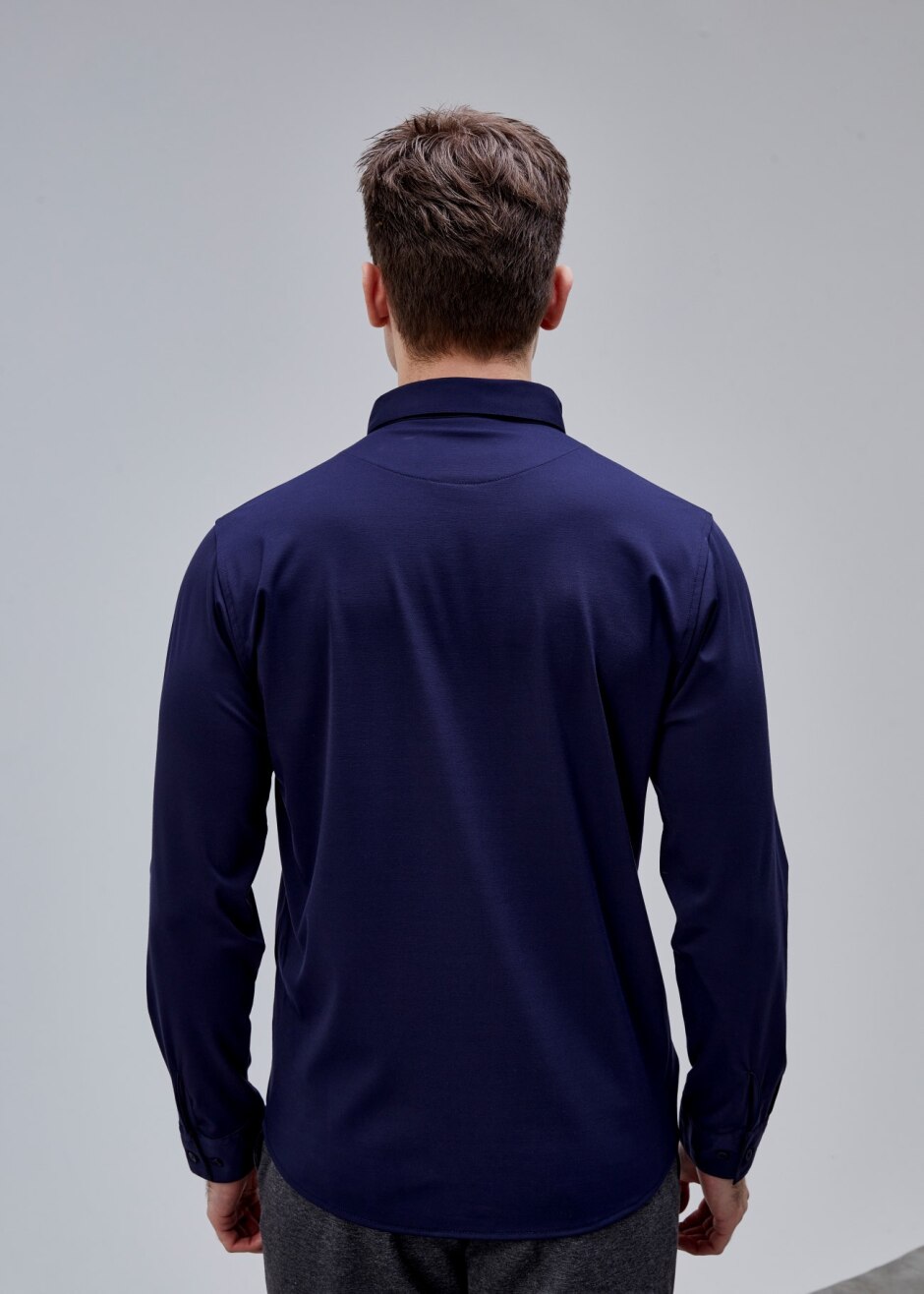 Lacivert Renk Uzun Kol Polyester Gömlek - 4