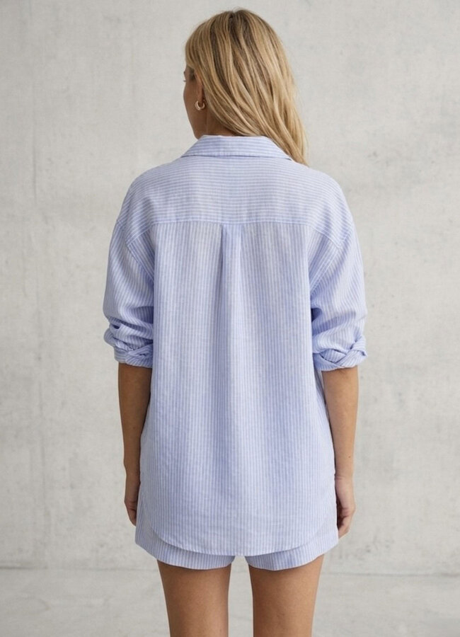 Mavi - Beyaz Renk Çizgili Oversize Modal Gömlek - 4