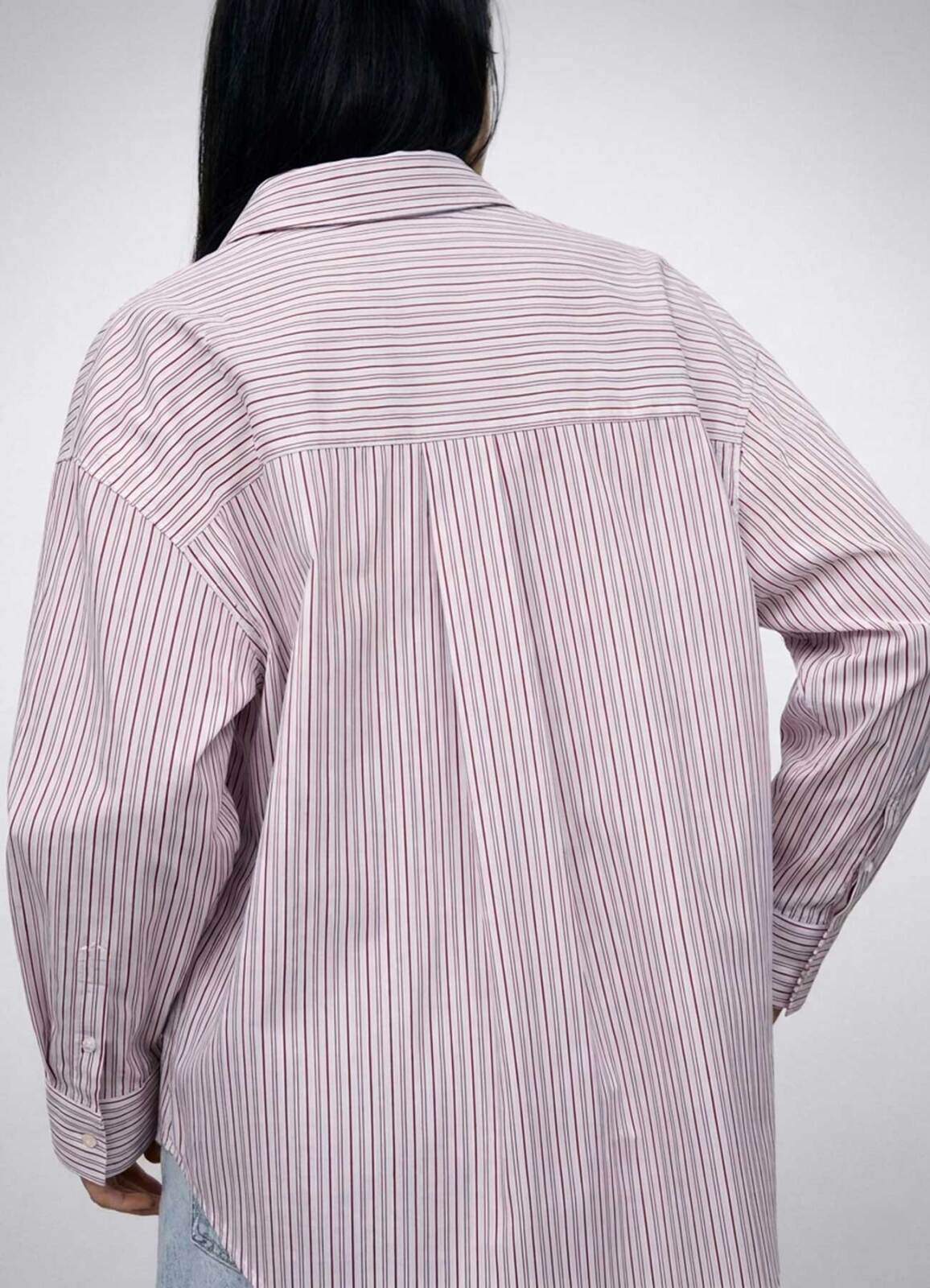 Mavi - Bordo Renk Çizgili Poplin Oversize Gömlek - 4