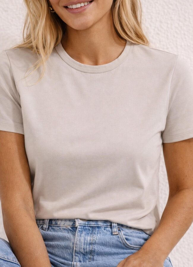 Taş Renk Pamuk Karışımlı Tişört - 2