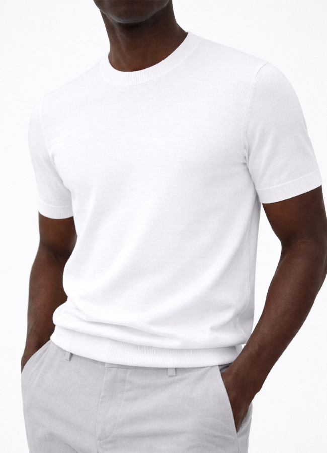 Beyaz Renk Bisiklet Yaka Basic Triko - 5
