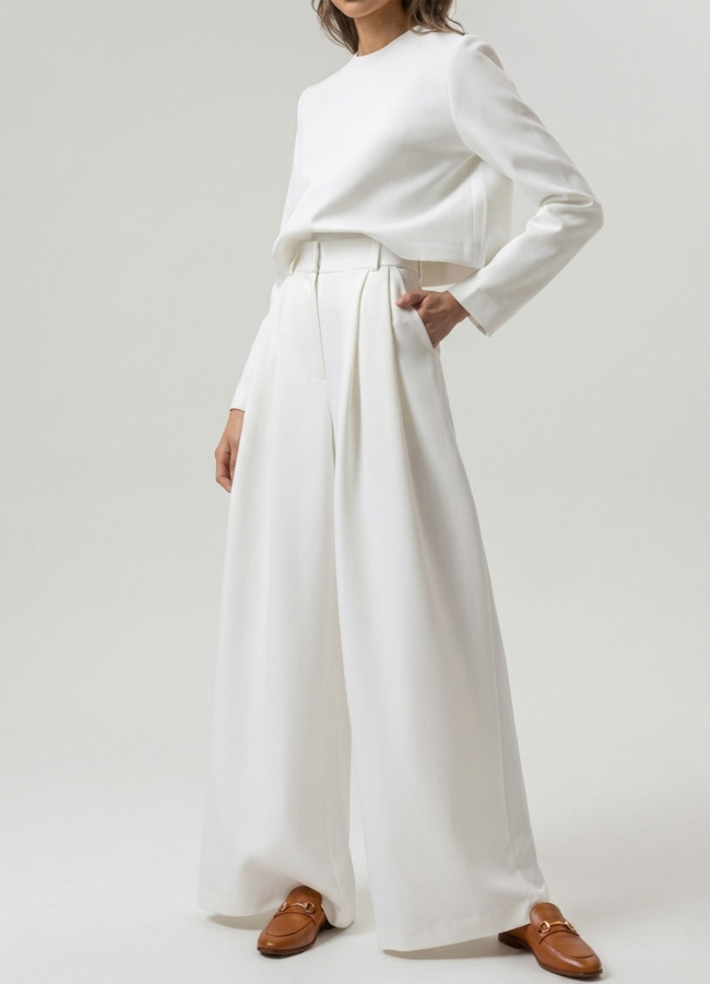 Beyaz Renk Yüksek Bel Örme Palazzo Pantolon