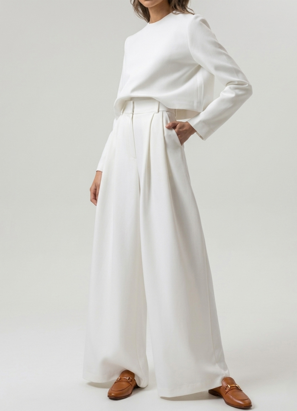 Beyaz Renk Yüksek Bel Örme Palazzo Pantolon