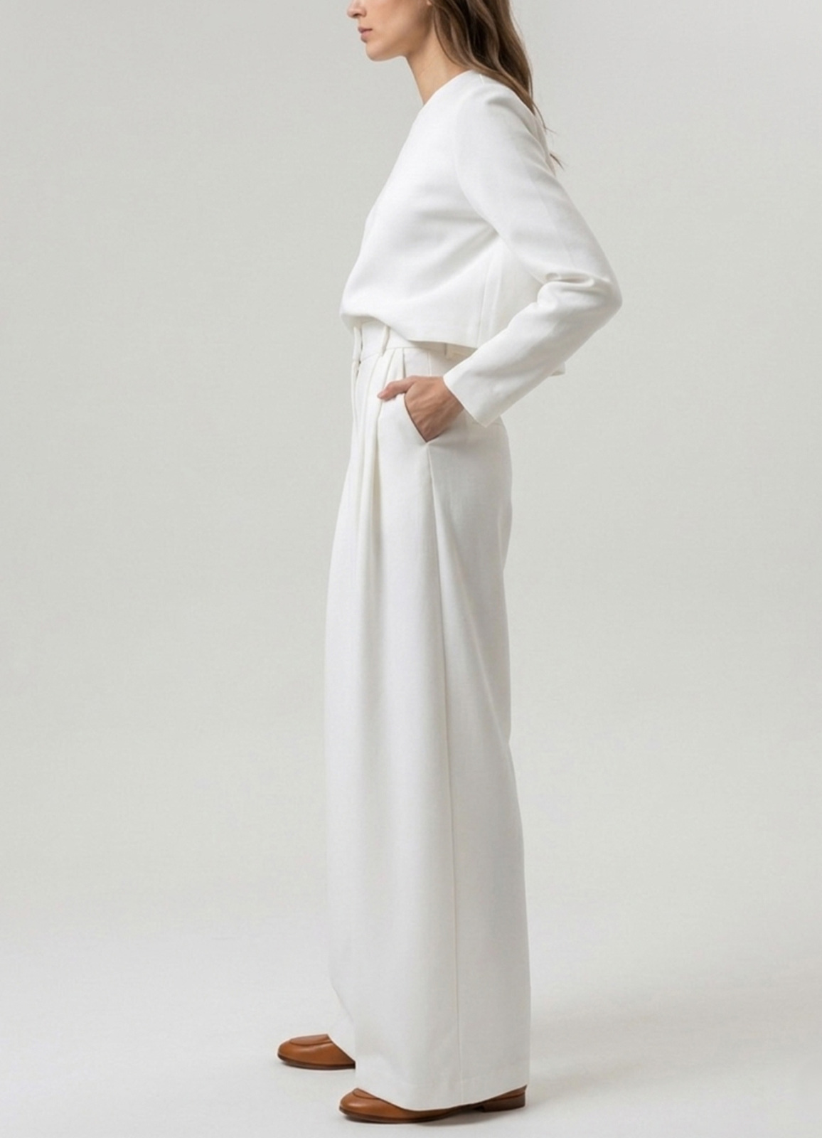Beyaz Renk Yüksek Bel Örme Palazzo Pantolon - 2
