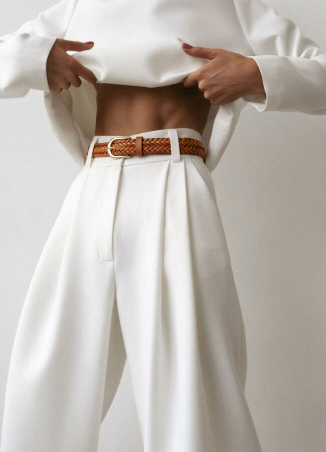 Beyaz Renk Yüksek Bel Örme Palazzo Pantolon - 6